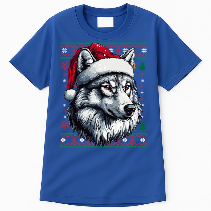 Funny Holiday Wolf Lover Wolf Santa Hat Ugly Christmas Tall T-Shirt