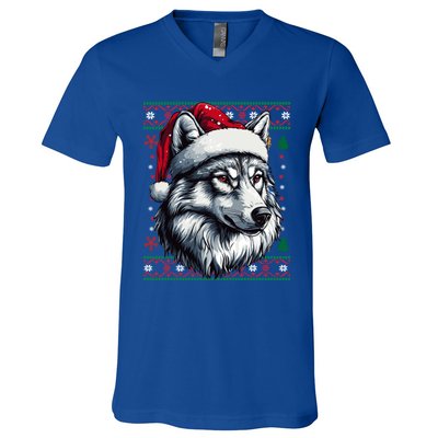 Funny Holiday Wolf Lover Wolf Santa Hat Ugly Christmas V-Neck T-Shirt