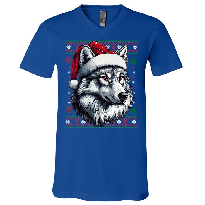 Funny Holiday Wolf Lover Wolf Santa Hat Ugly Christmas V-Neck T-Shirt