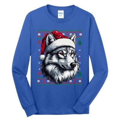 Funny Holiday Wolf Lover Wolf Santa Hat Ugly Christmas Tall Long Sleeve T-Shirt