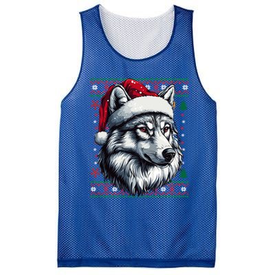 Funny Holiday Wolf Lover Wolf Santa Hat Ugly Christmas Mesh Reversible Basketball Jersey Tank