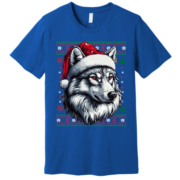 Funny Holiday Wolf Lover Wolf Santa Hat Ugly Christmas Premium T-Shirt