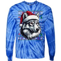 Funny Holiday Wolf Lover Wolf Santa Hat Ugly Christmas Tie-Dye Long Sleeve Shirt