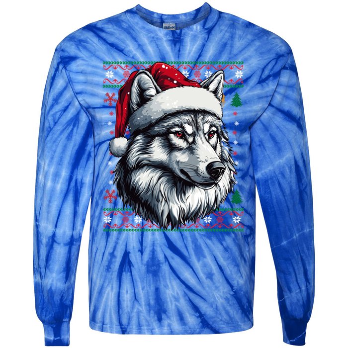 Funny Holiday Wolf Lover Wolf Santa Hat Ugly Christmas Tie-Dye Long Sleeve Shirt