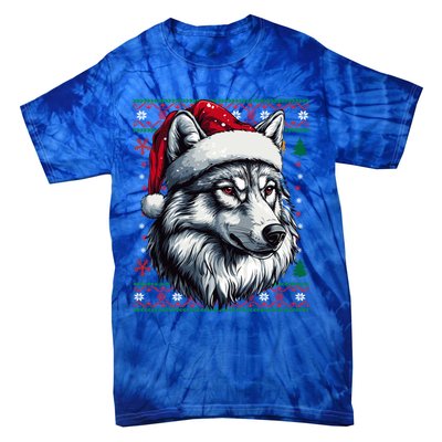 Funny Holiday Wolf Lover Wolf Santa Hat Ugly Christmas Tie-Dye T-Shirt