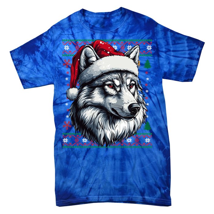 Funny Holiday Wolf Lover Wolf Santa Hat Ugly Christmas Tie-Dye T-Shirt