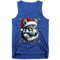 Funny Holiday Wolf Lover Wolf Santa Hat Ugly Christmas Tank Top