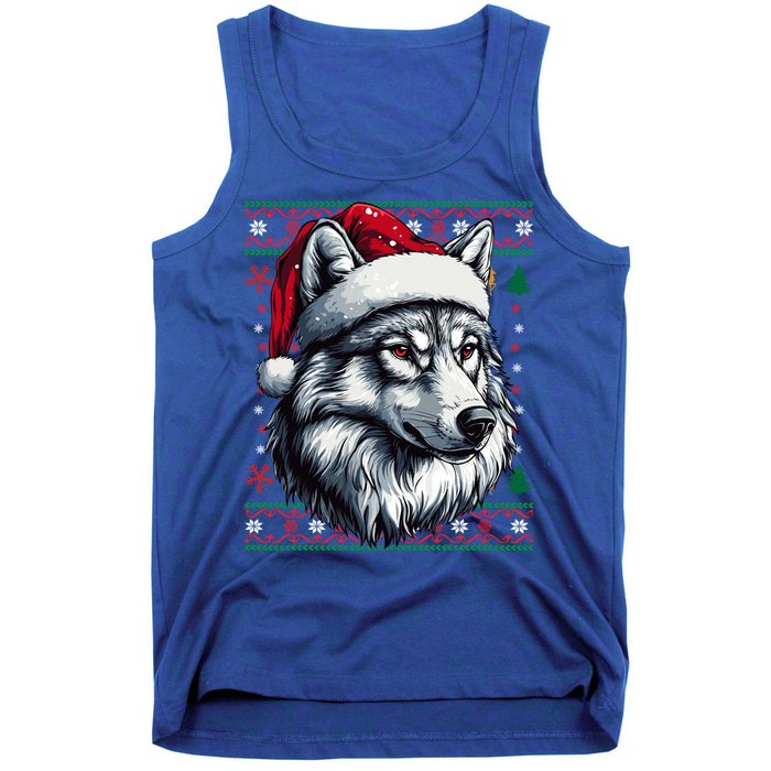 Funny Holiday Wolf Lover Wolf Santa Hat Ugly Christmas Tank Top