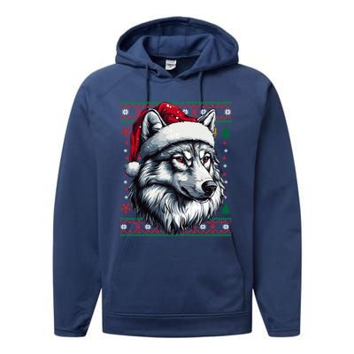 Funny Holiday Wolf Lover Wolf Santa Hat Ugly Christmas Performance Fleece Hoodie