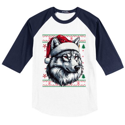 Funny Holiday Wolf Lover Wolf Santa Hat Ugly Christmas Baseball Sleeve Shirt