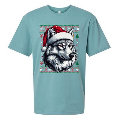 Funny Holiday Wolf Lover Wolf Santa Hat Ugly Christmas Sueded Cloud Jersey T-Shirt