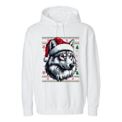 Funny Holiday Wolf Lover Wolf Santa Hat Ugly Christmas Garment-Dyed Fleece Hoodie