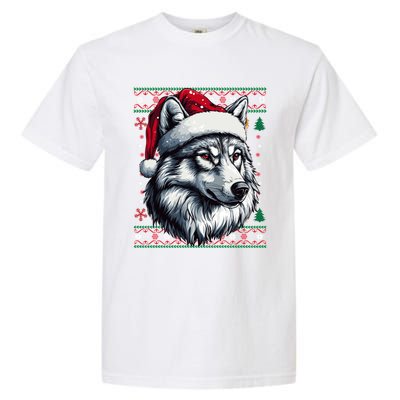 Funny Holiday Wolf Lover Wolf Santa Hat Ugly Christmas Garment-Dyed Heavyweight T-Shirt