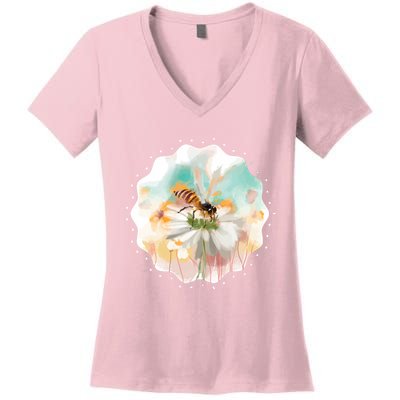 Flowers Honeybee Watercolor Women's V-Neck T-Shirt