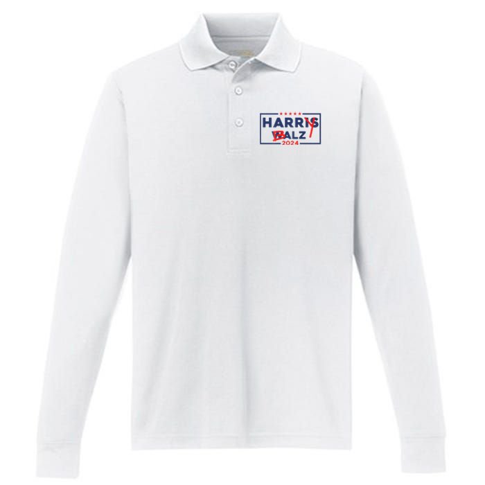 Funny Harris Walz 24 Harry Balz 2024 Meme Democratic On Back Performance Long Sleeve Polo