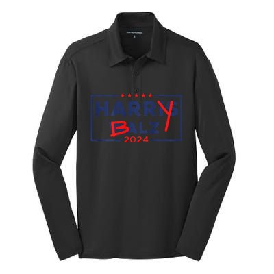 Funny Harris Walz 24 Harry Balz 2024 Meme Democratic On Back Gift Silk Touch Performance Long Sleeve Polo