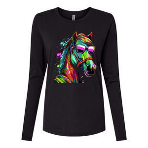 Funny Horse Wearing Sunglasses Abstract Art Womens Cotton Relaxed Long Sleeve T-Shirt