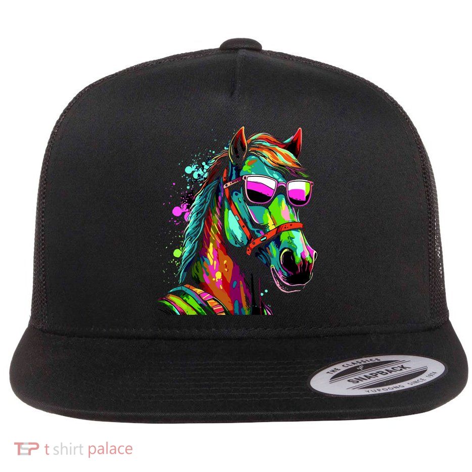 Funny Horse Wearing Sunglasses Abstract Art Flat Bill Trucker Hat