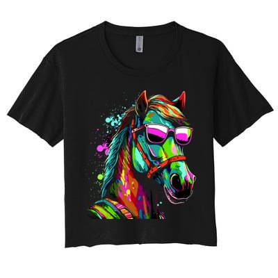 Funny Horse Wearing Sunglasses Abstract Art Women's Crop Top Tee