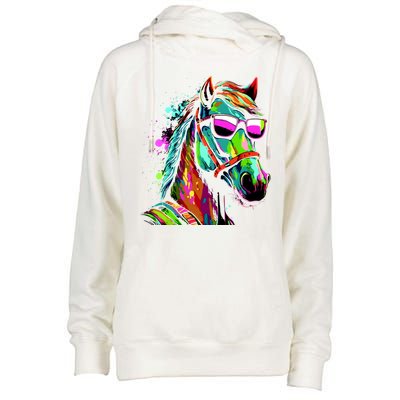 Funny Horse Wearing Sunglasses Abstract Art Womens Funnel Neck Pullover Hood