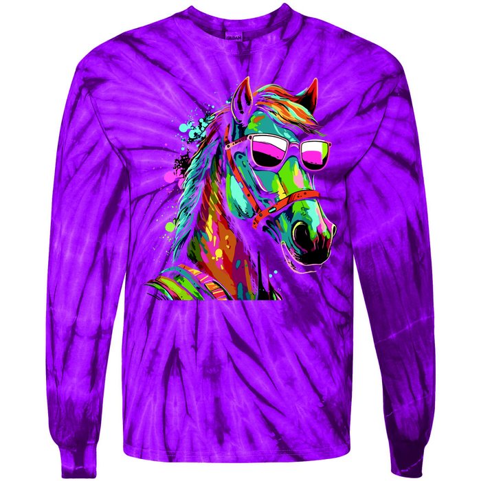 Funny Horse Wearing Sunglasses Abstract Art Tie-Dye Long Sleeve Shirt