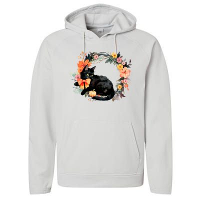 Floral Halloween Wreath Cute Black Cat Performance Fleece Hoodie