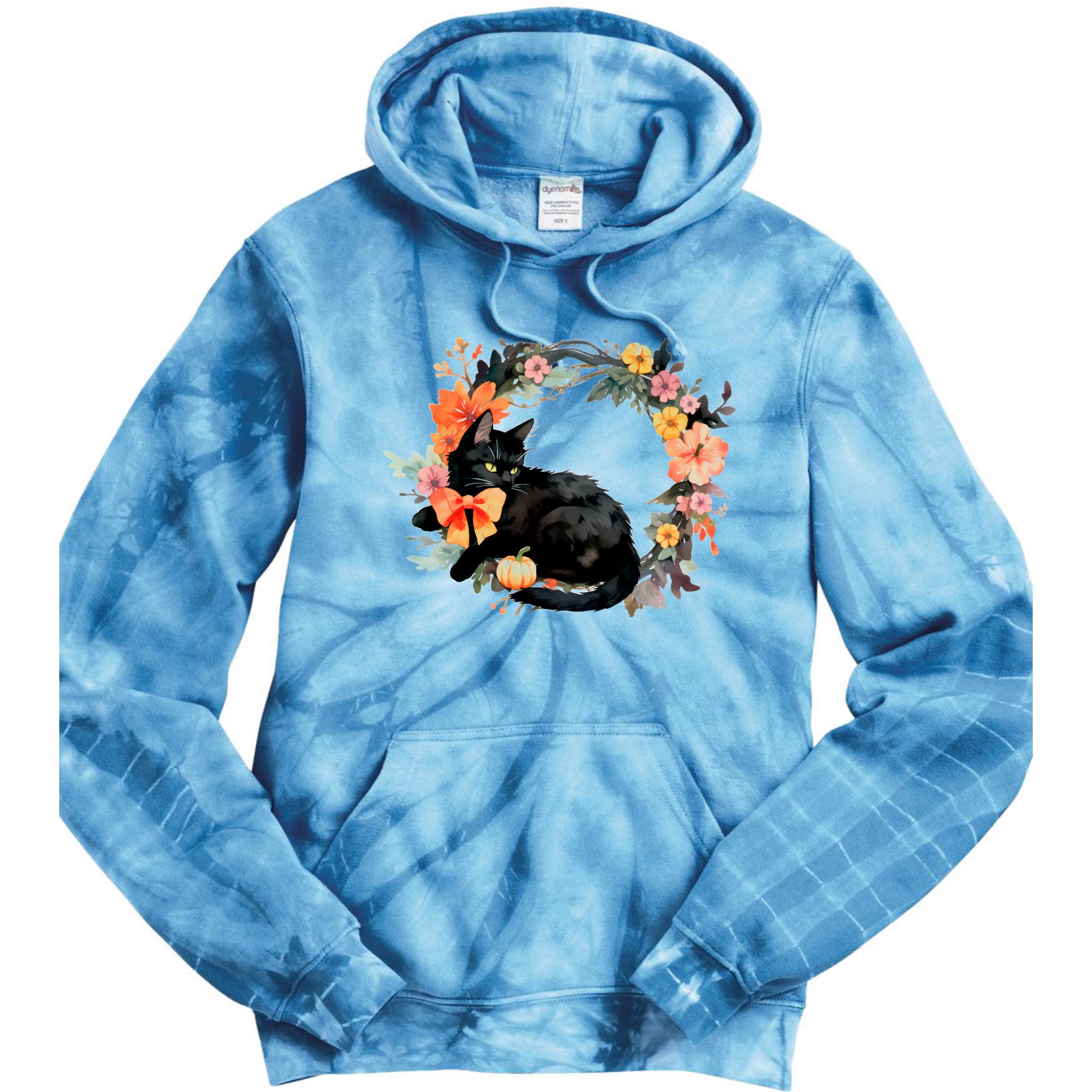 Floral Halloween Wreath Cute Black Cat Tie Dye Hoodie