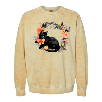 Floral Halloween Wreath Cute Black Cat Colorblast Crewneck Sweatshirt