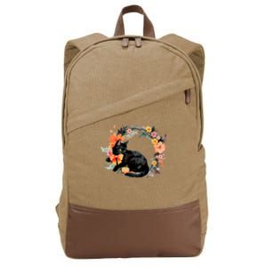 Floral Halloween Wreath Cute Black Cat Cotton Canvas Backpack