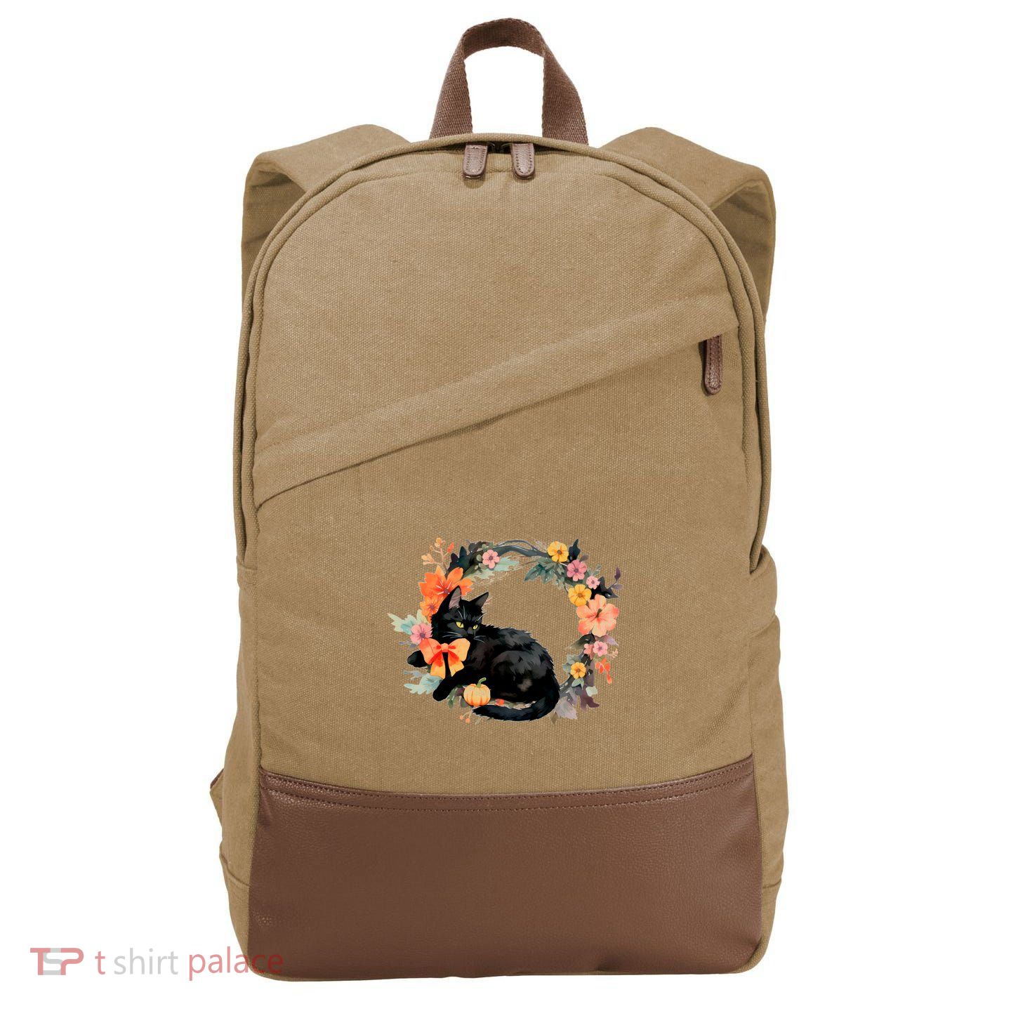 Floral Halloween Wreath Cute Black Cat Cotton Canvas Backpack
