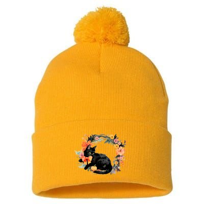 Floral Halloween Wreath Cute Black Cat Pom Pom 12in Knit Beanie