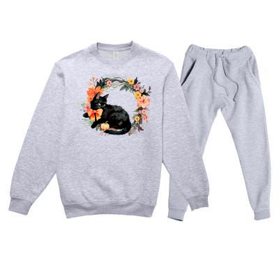 Floral Halloween Wreath Cute Black Cat Premium Crewneck Sweatsuit Set