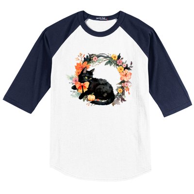 Floral Halloween Wreath Cute Black Cat Baseball Sleeve Shirt