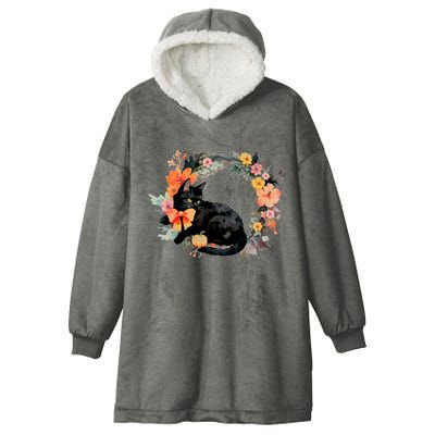 Floral Halloween Wreath Cute Black Cat Hooded Wearable Blanket