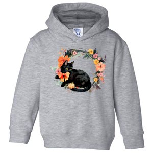 Floral Halloween Wreath Cute Black Cat Toddler Hoodie