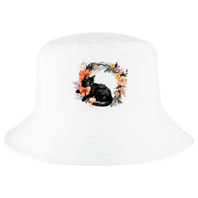 Floral Halloween Wreath Cute Black Cat Cool Comfort Performance Bucket Hat