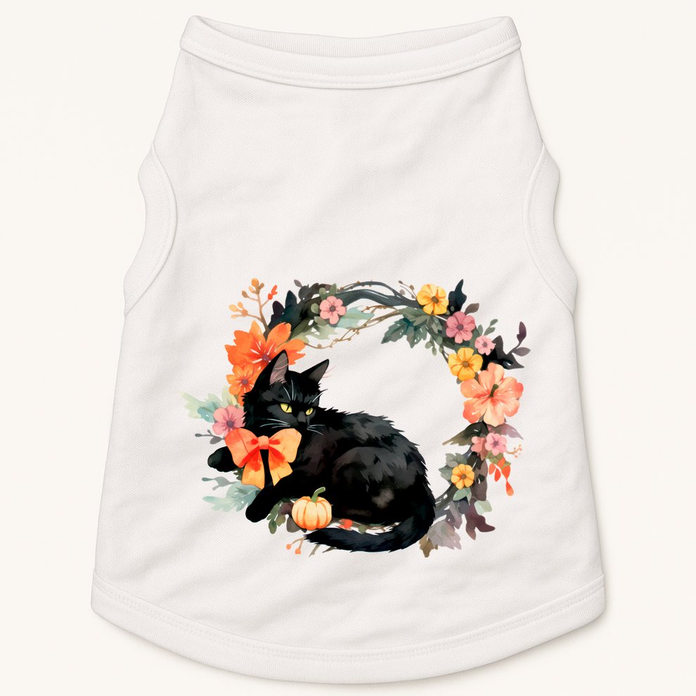 Floral Halloween Wreath Cute Black Cat Doggie Tank