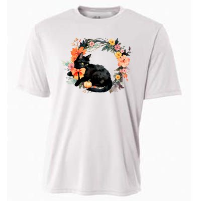 Floral Halloween Wreath Cute Black Cat Cooling Performance Crew T-Shirt