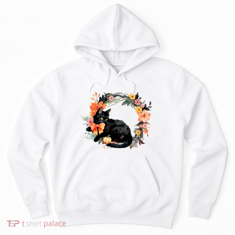 Floral Halloween Wreath Cute Black Cat Hoodie
