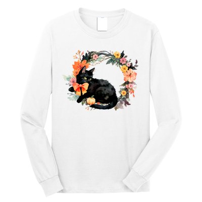 Floral Halloween Wreath Cute Black Cat Long Sleeve Shirt