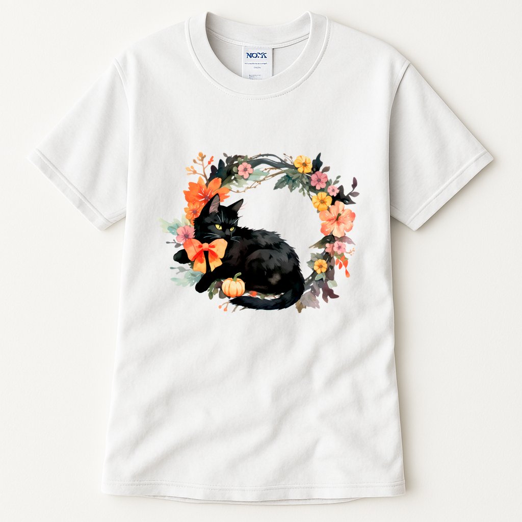 Floral Halloween Wreath Cute Black Cat Tall T-Shirt