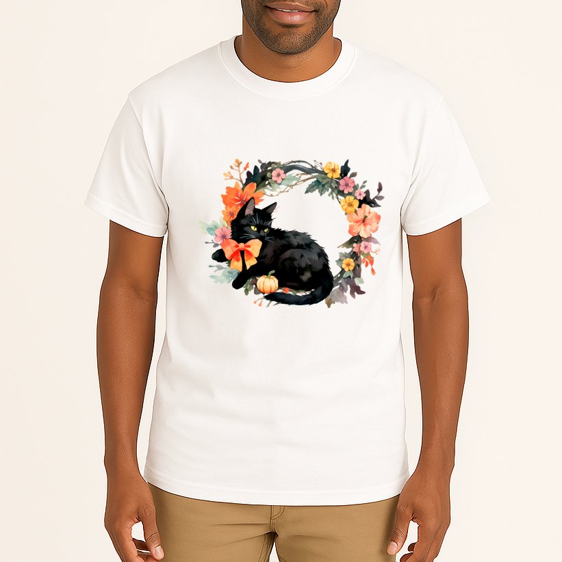 Floral Halloween Wreath Cute Black Cat Tall T-Shirt