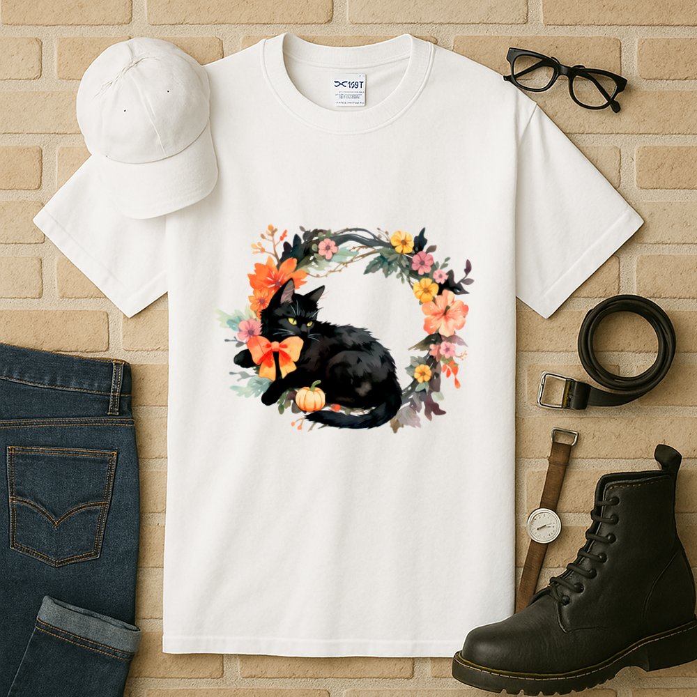 Floral Halloween Wreath Cute Black Cat Tall T-Shirt