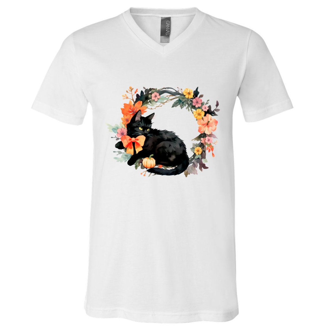Floral Halloween Wreath Cute Black Cat V-Neck T-Shirt
