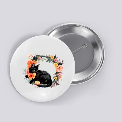 Floral Halloween Wreath Cute Black Cat Button