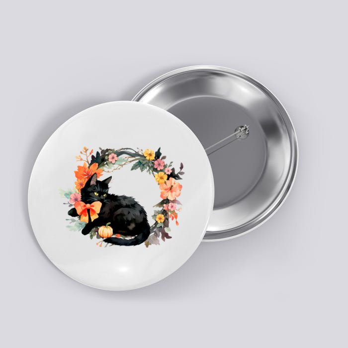 Floral Halloween Wreath Cute Black Cat Button