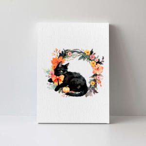 Floral Halloween Wreath Cute Black Cat Canvas