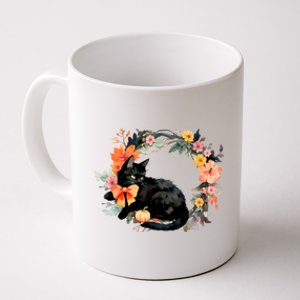 Floral Halloween Wreath Cute Black Cat Coffee Mug