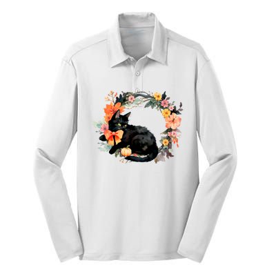 Floral Halloween Wreath Cute Black Cat Silk Touch Performance Long Sleeve Polo