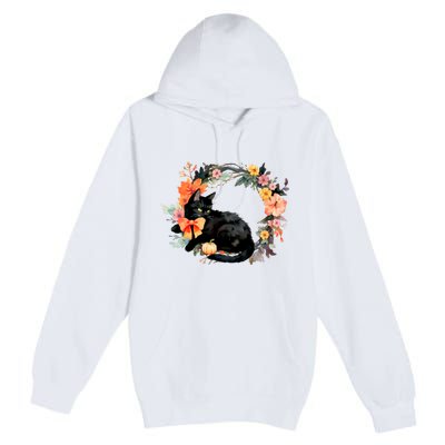 Floral Halloween Wreath Cute Black Cat Premium Pullover Hoodie